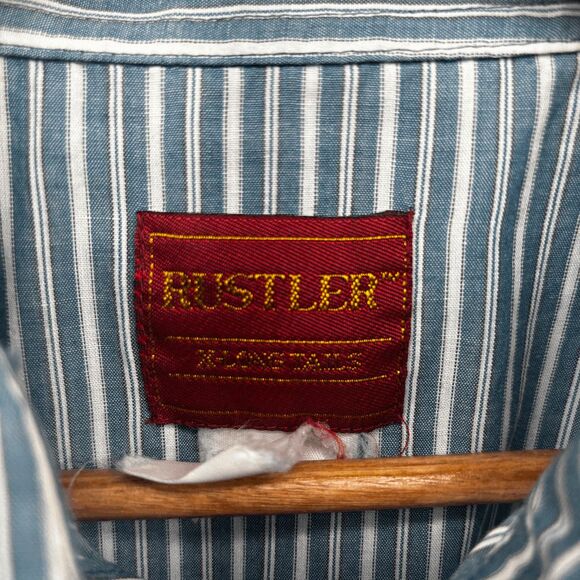Vintage Rustler Shirt Mens L Green White Striped Western Pearl Snap X-Long Tails - Picture 4 of 4